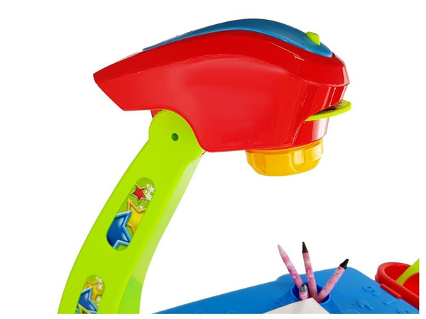 Pädagogischer Schubladentisch mit Projektor 36 Bilder Buntstifte Schablonen Blau und Rot