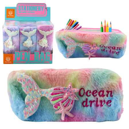 Plush pencil case with mermaid tail, sequins, pastel colors