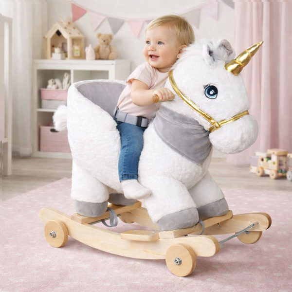 Einhorn-Schaukelpferd zum Draufsitzen, 2-in-1-Babyschaukelpferd, Weiß