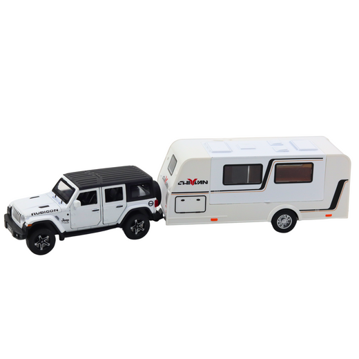 Geländewagen-Camper-Set, Metallantrieb, Lichter, Geräusche, Weiß, 1:32