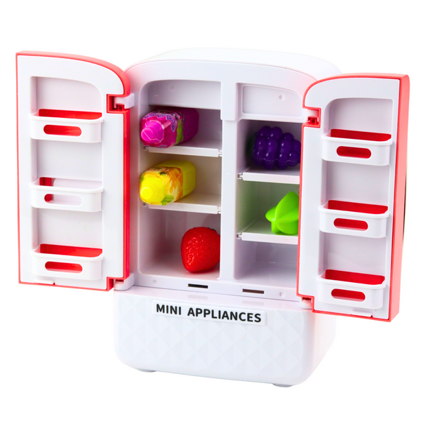 Spielzeug-Kühlschrank für Kinder, Fruchtsaft, Lichter, Geräusche, Rosa