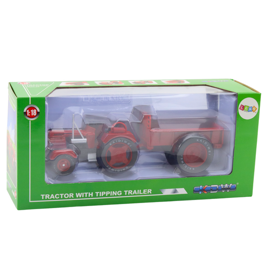 Metal Farm Tractor With Trailer Red 1:18