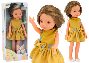 Puppe, gelbes Kleid, braunes Haar, große Puppe, 33 cm