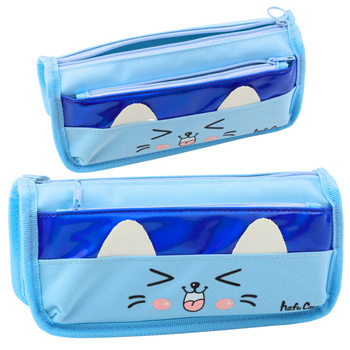 School Pencil Case Two Pockets Cat Motif Blue 22cm