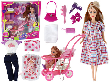 Lucy Puppenset, schwangerer Kinderwagen, langes braunes Haar