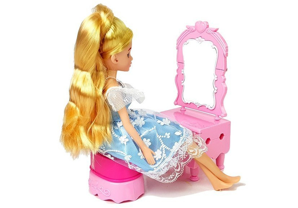 Ausklappbares Puppenhaus Blonde Puppe mit Zubehör Küche Toilette Schlafzimmer im Koffer