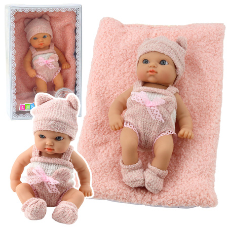 Babypuppe mit Decke, weiß-rosa Kleidung, Mütze, 18 cm