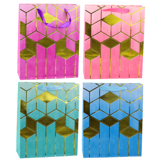 Geschenktüte aus Papier mit geometrischen Mustern, goldfarben, 32 x 26 x 12 cm