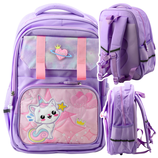 School Backpack With White Cat Chest Strap Purple 20L