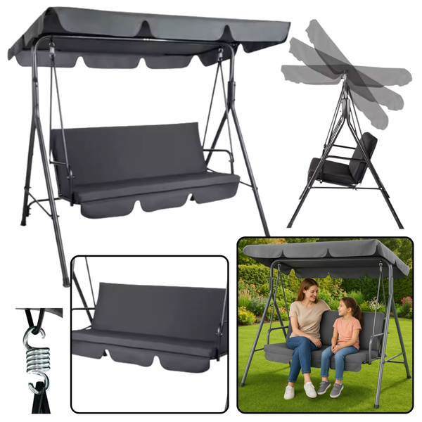 Three-person Garden Swing Rocking Cushions Mattress Gray