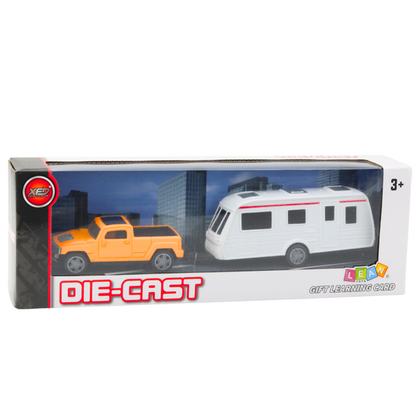 Set of Metal Car with Camper Trailer Orange