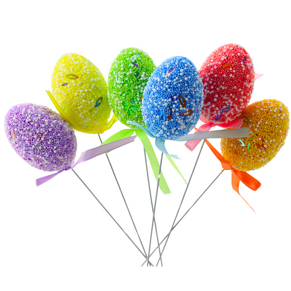 Ostereier auf Drahtnadeln, bunte Muster, Banddekoration, 6 Stück A