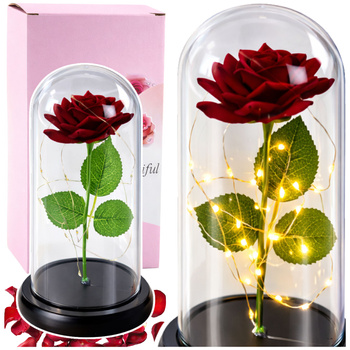 Ewige Rose in einer Kuppel mit LED-Beleuchtung Rot 21x11cm