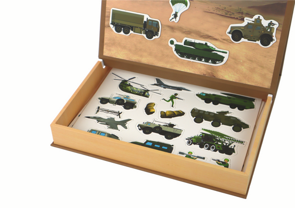A set of educational magnetic puzzles with a land war motif