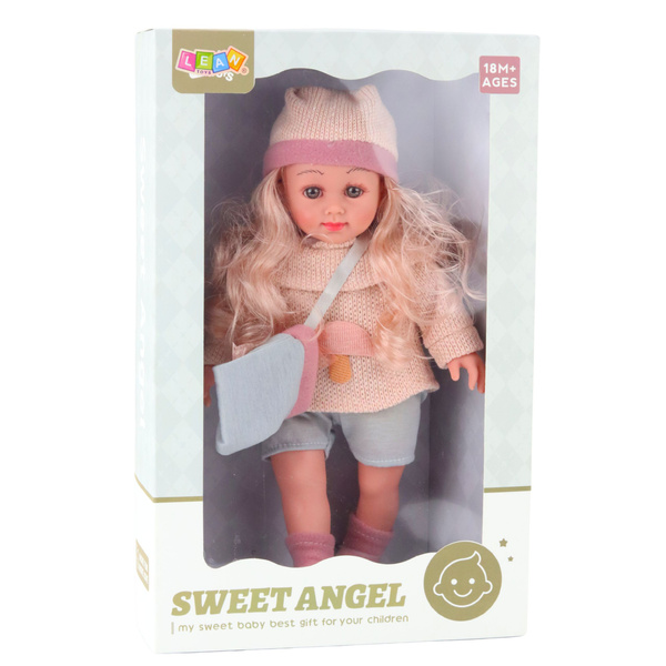 Süße Engelpuppe im Wollpullover mit Pilz, Tasche und Mütze, 36cm