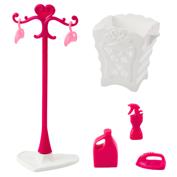 Puppenwäsche-Set Waschmaschine Trockner Kleiderbügel Korb Rosa