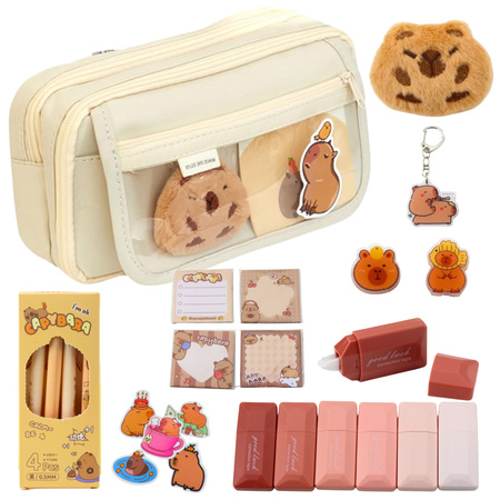 Zweiteiliges Schulfedermäppchen mit Taschen und Zubehör Capybara 21x12 cm