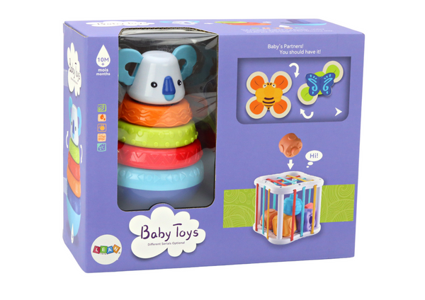 Satz sensorischer Spielzeuge, Koala-Turm, pädagogische Würfelspinner