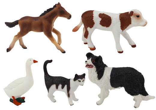 Rural Animals Figure Set 5 Pieces Horse Cow Cat Goose Dog