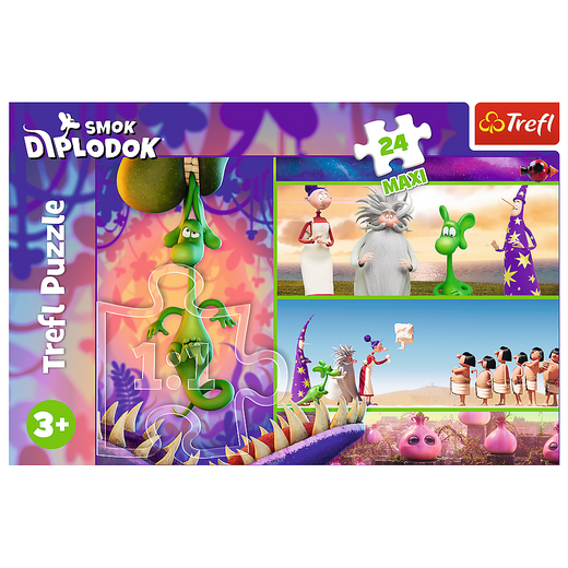 Puzzle - 24 Maxi - Neugieriger Diplodocus-Drache - Menschlicher Film-Diplodocus-Drache 14376