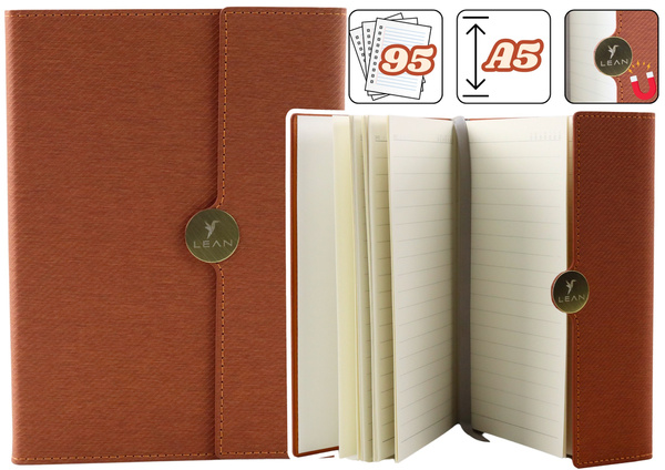 Magnetisches Büro-Notizbuch, liniertes A5 Notizbuch mit brauner Polsterung