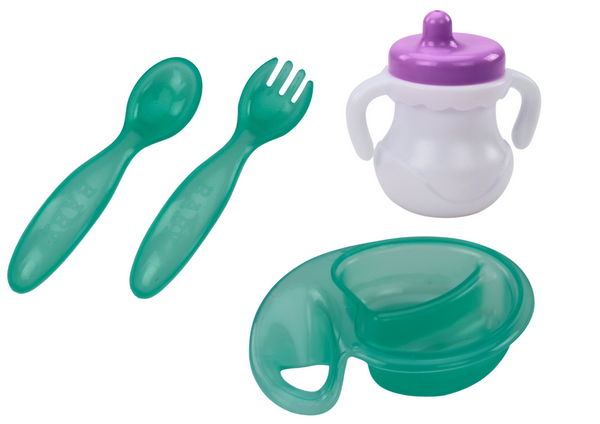 Babypuppe, Stirnband, Fütterzubehör, blau