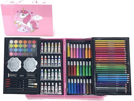 CHILDREN'S ART SET OF 145 PIECES In a pink case with a unicorn