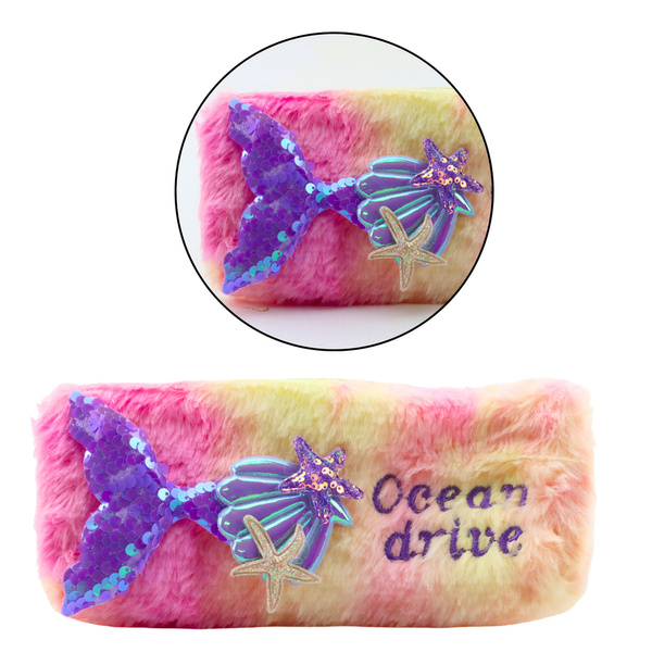 Plush Pencil Case With Mermaid Tail Sequins Pink Purple