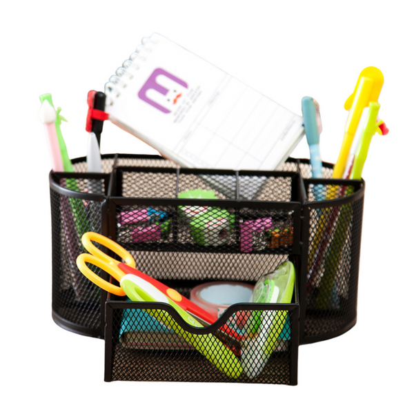 Metal Office Supplies Organizer Container with Drawer, Black