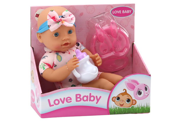 Baby doll, clothes with flamingos, headband, feeding accessories