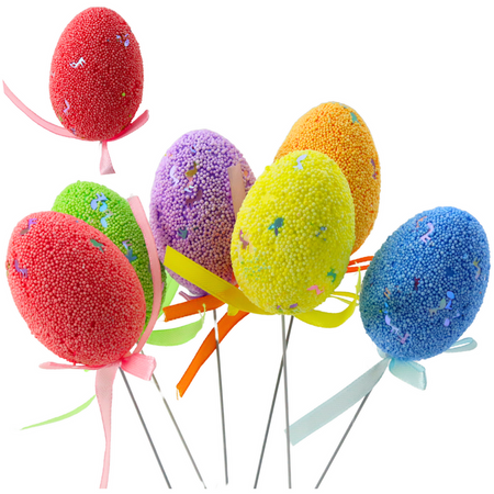 Easter Eggs on Wire Pick Colorful Notes Ribbon Decoration 6pcs