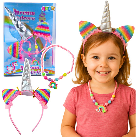 Einhorn-Set bestehend aus Haarreif, Ohren, Horn, Halskette und bunten Accessoires